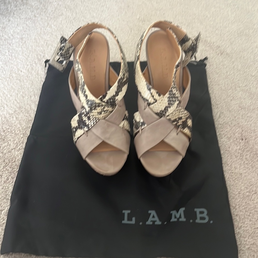 L.A.M.B.- Size 7 Nude and Snake skin platform heels